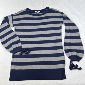 Motherhood Maternity Women's XS Crewneck Sweater Navy Blue Gray Striped Ribbons